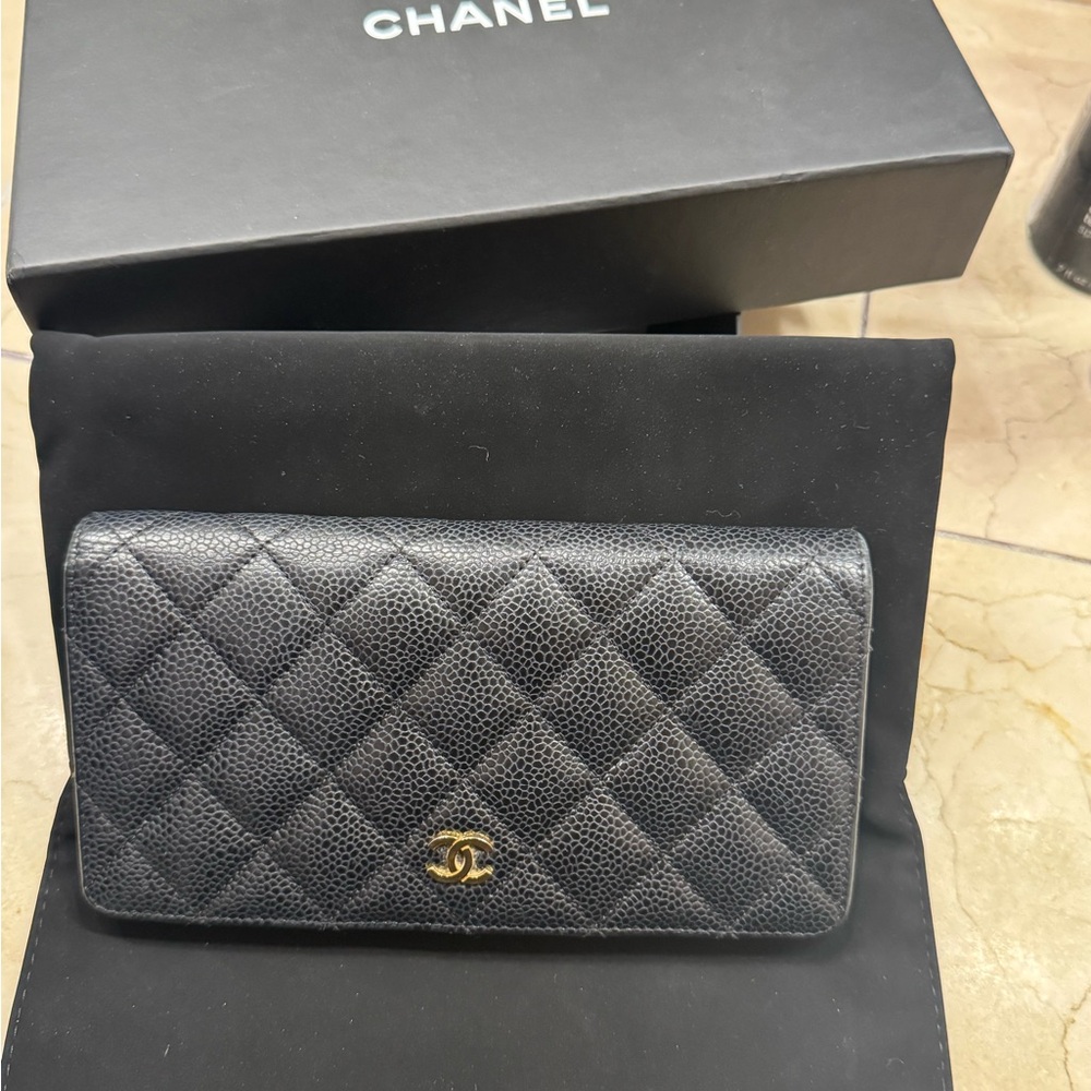 CHANEL Black Quilted Wallet with Gold Logo